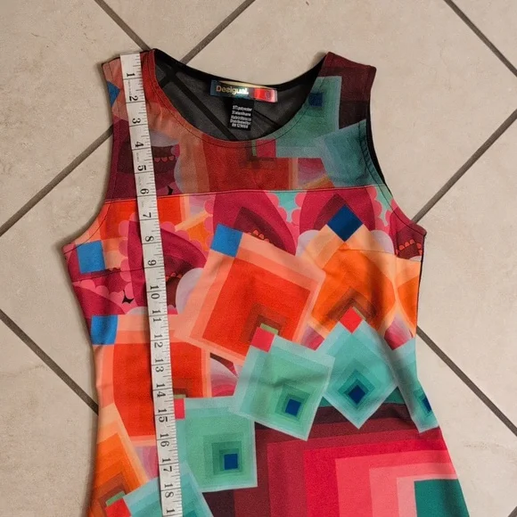 Desigual Shift Dress Geometric Pixel Knit Sheer Mesh Sleeveless Knee Length Blue - Picture 9 of 10